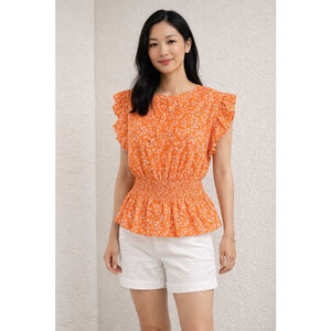 Tommy Hilfiger Small Peplum Blouse Cotton Ruffle Sleeve Orange Preppy Top
